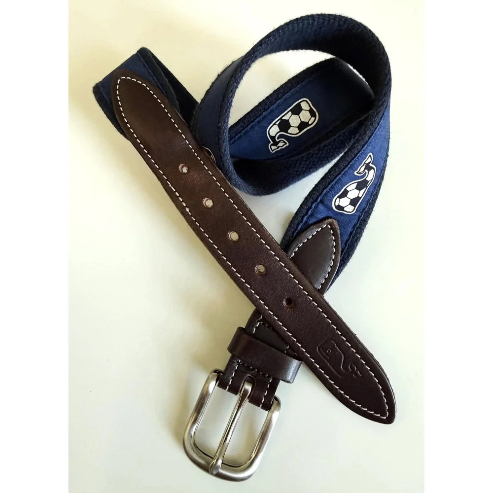Vineyard Vines Kids Soccer Whale Canvas Leather Belt Navy Blue Brown Size Small